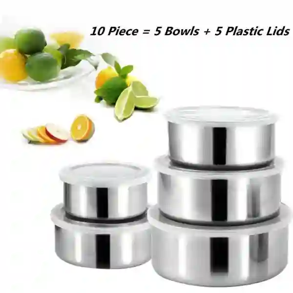 H28034a6398d64431aefe237164ff0435E 5 Pcs Stainless Steel Food Storage Bowls with Lids Reusable Fresh-keeping Boxes - Image 1