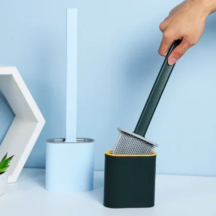 toilet cleaning brush Water leak proof with silicone base toilet flat head flexible soft with quick drying holder set - Minimalistic Sophistication