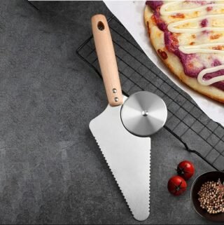 Stainless Steel Pizza Slicer Server Clip with wood handle 3 in 1 for Pizza Pies Bread