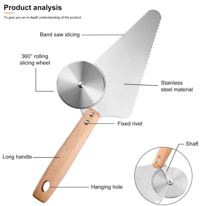 Stainless Steel Pizza Slicer Server Clip with wood handle 3 in 1 for Pizza Pies Bread - Image 2