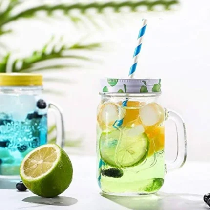 Straw Jar with Lid , Clear Glass Mason Jar (500 ml)