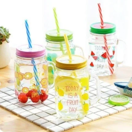 Straw Jar with Lid , Clear Glass Mason Jar (500 ml) - Image 4
