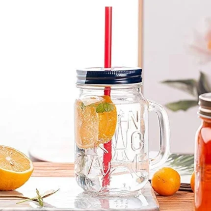 Straw Jar with Lid , Clear Glass Mason Jar (500 ml) - Image 2