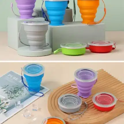 1Pc 200ml/240ml Portable Silicone With Lid Telescopic Collapsible  Travel Water Cup