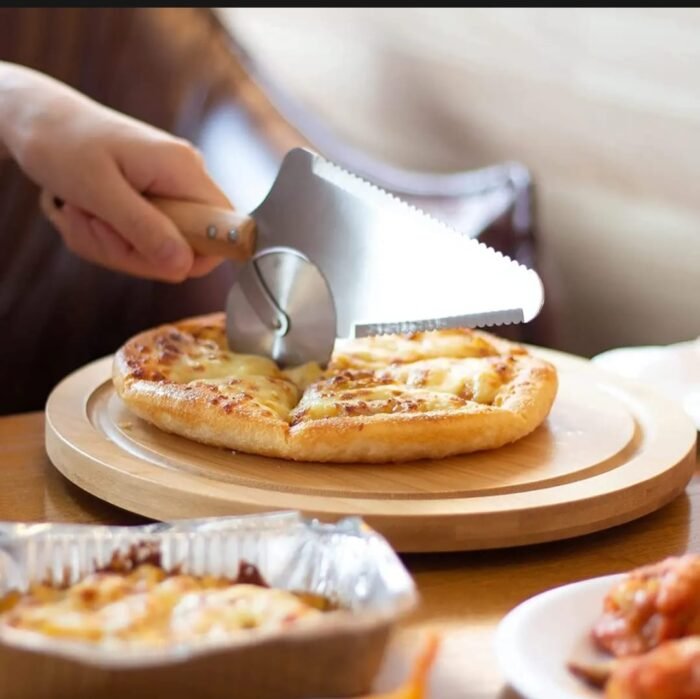 Stainless Steel Pizza Slicer Server Clip with wood handle 3 in 1 for Pizza Pies Bread - Image 5
